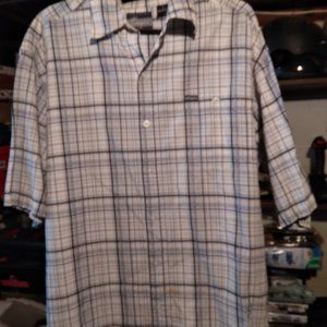 ENCYE WHITE W BLUE STRIPES VINTAGE BUTTON SHIRT  SIZE L - "COLLECTORS ITEM"